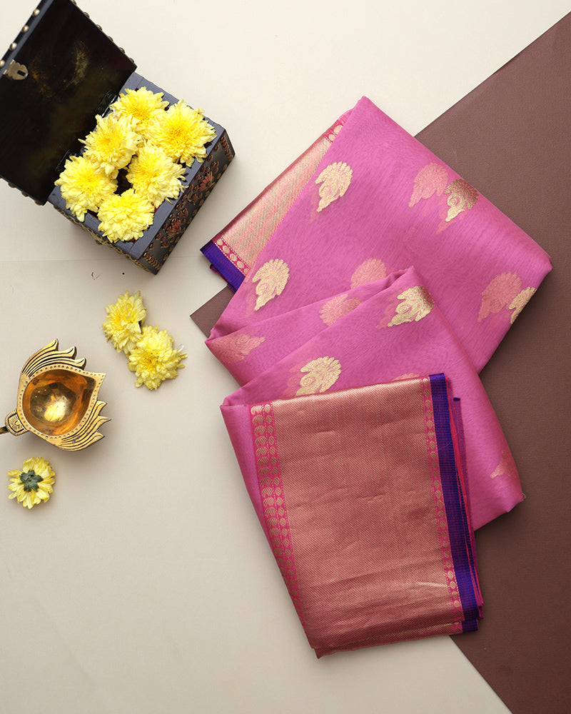 Flamingo Pink Chanderi Silk Saree - PattuCheeralu
