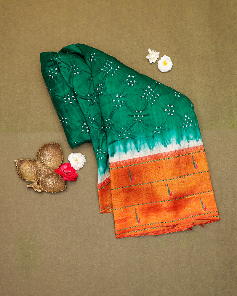 Green paithani bandhani silk saree - PattuCheeralu