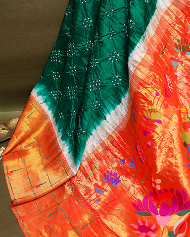 Green paithani bandhani silk saree - PattuCheeralu