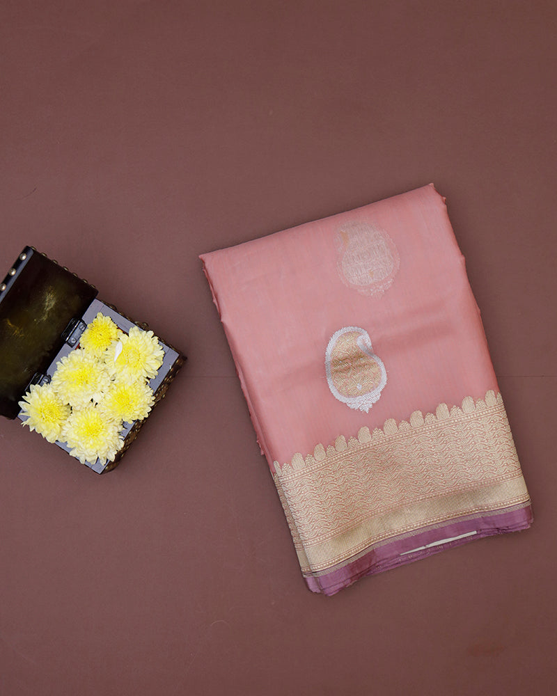 Onion Pink Kora Banarasi Silk Saree - PattuCheeralu