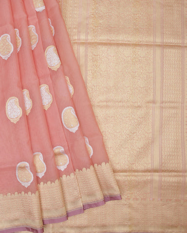 Onion Pink Kora Banarasi Silk Saree - PattuCheeralu