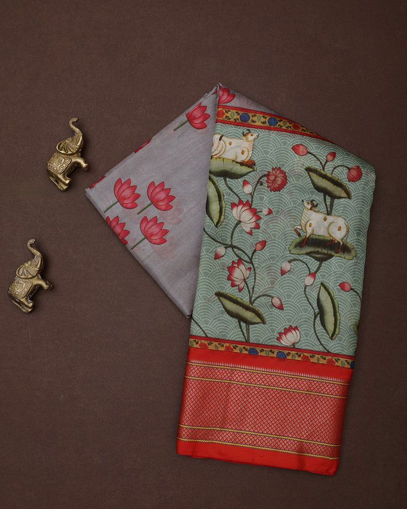Light Blue Grey Kalamkari Digital saree Print Silk - PattuCheeralu
