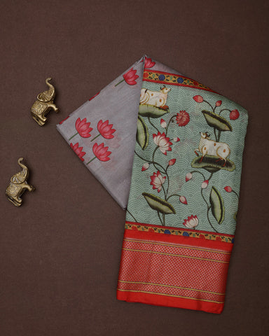 Light Blue Grey Kalamkari Digital saree Print Silk - PattuCheeralu