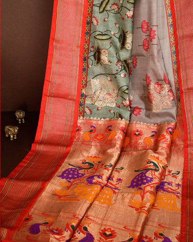 Light Blue Grey Kalamkari Digital saree Print Silk - PattuCheeralu
