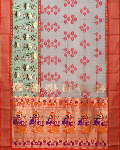 Light Blue Grey Kalamkari Digital saree Print Silk - PattuCheeralu