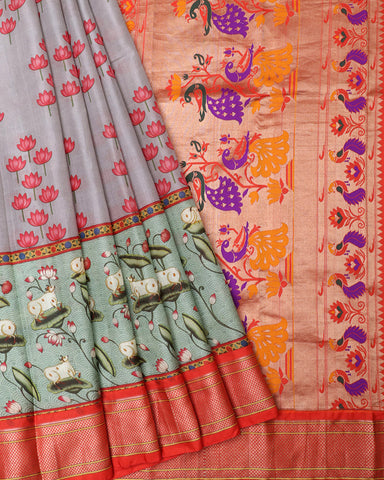 Light Blue Grey Kalamkari Digital saree Print Silk - PattuCheeralu