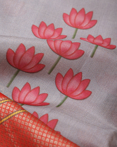 Light Blue Grey Kalamkari Digital saree Print Silk - PattuCheeralu