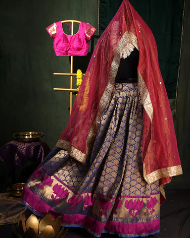 Royal Blue Kanjivaram Silk Lehenga Set - PattuCheeralu