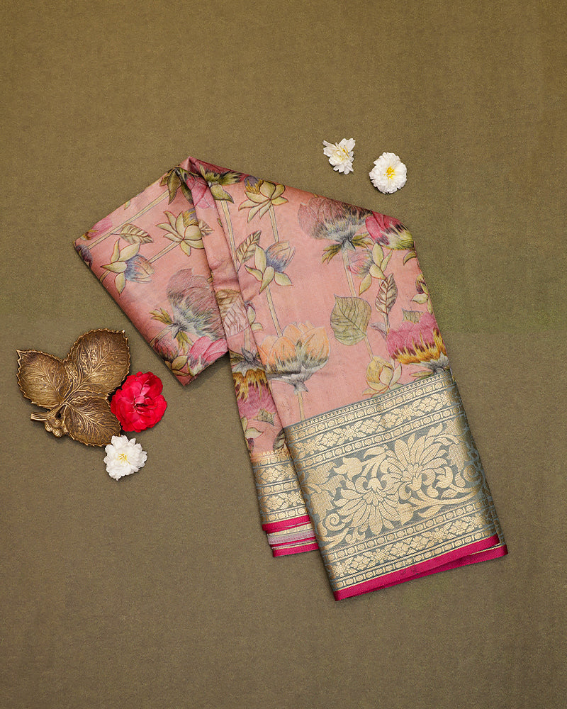 Pink printed kanjivaram silk saree - PattuCheeralu
