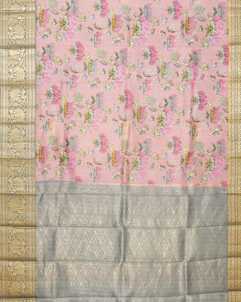 Pink printed kanjivaram silk saree - PattuCheeralu