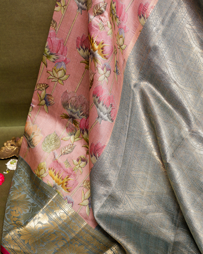 Pink printed kanjivaram silk saree - PattuCheeralu