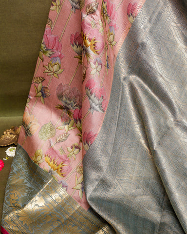 Pink printed kanjivaram silk saree - PattuCheeralu