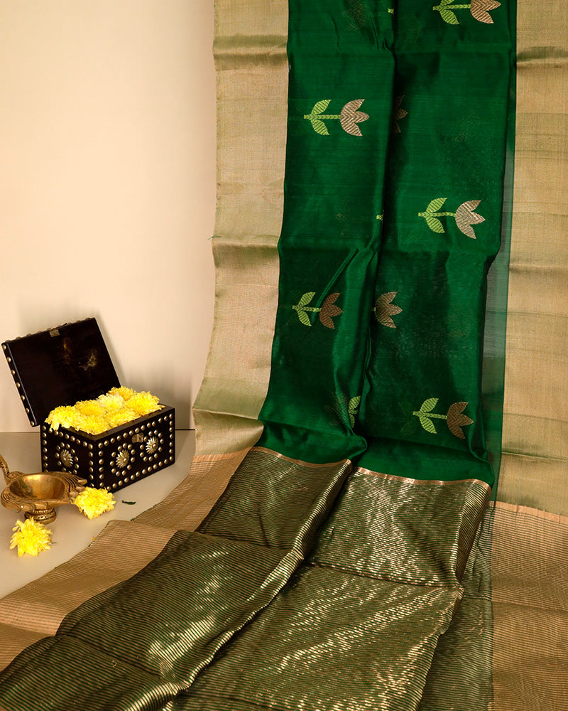 Dark Green Chanderi Silk Saree - PattuCheeralu