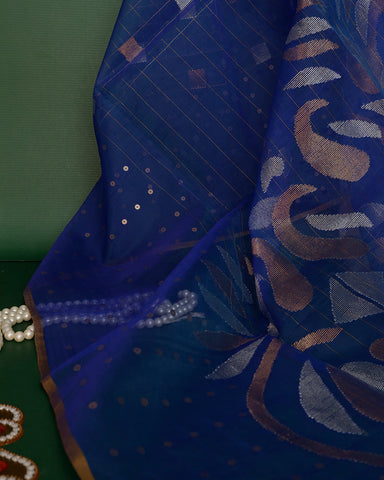 Royal Blue Dhakai Linen Saree - PattuCheeralu