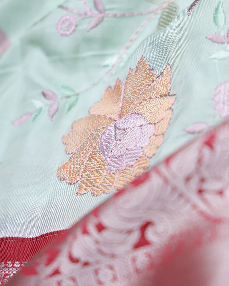 The Pastel Sea Green Embroidery Silk Saree - PattuCheeralu