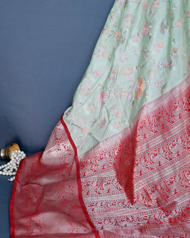 The Pastel Sea Green Embroidery Silk Saree - PattuCheeralu