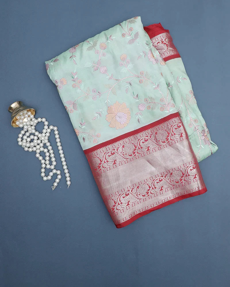 The Pastel Sea Green Embroidery Silk Saree - PattuCheeralu