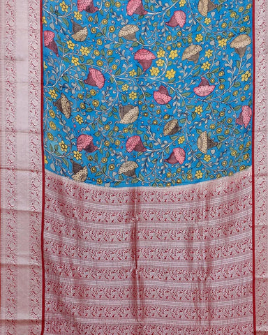 The Blue Kachi Kalamkari Silk Saree - PattuCheeralu