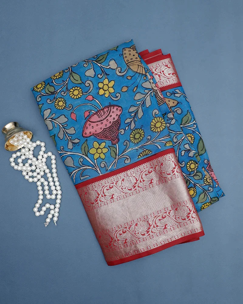 The Blue Kachi Kalamkari Silk Saree - PattuCheeralu