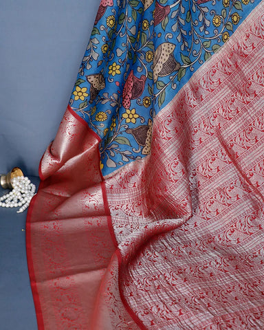 The Blue Kachi Kalamkari Silk Saree - PattuCheeralu