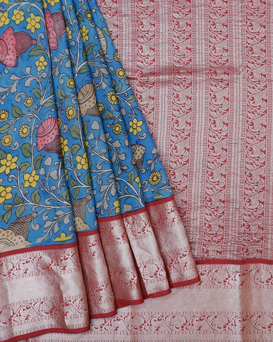 The Blue Kachi Kalamkari Silk Saree - PattuCheeralu