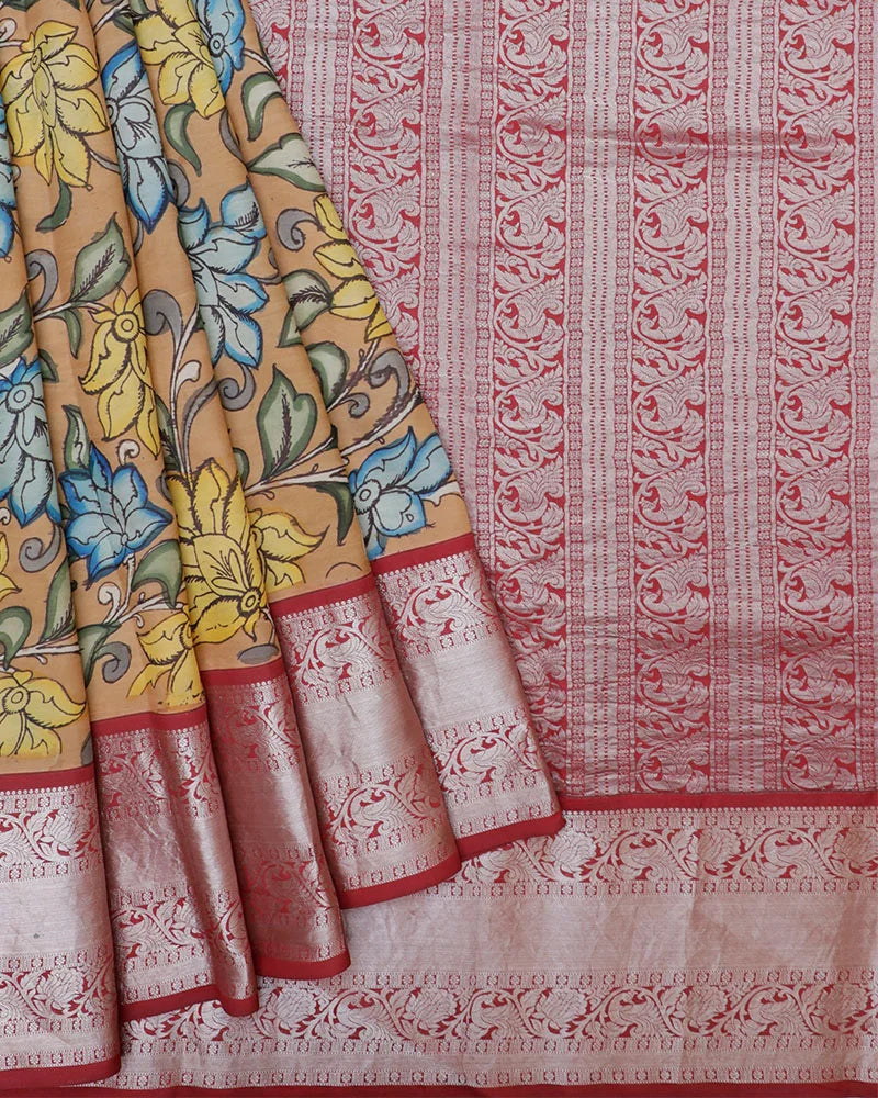 The Orange Kalamkari Silk Saree - PattuCheeralu