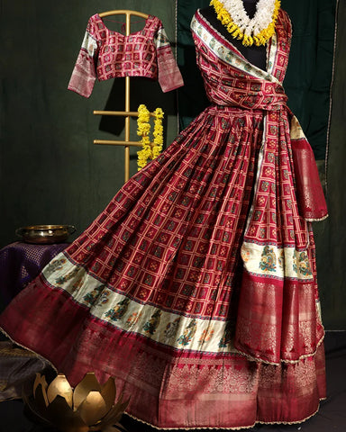 Onion Pink Bandhani Printed Crepe Silk Lehenga Set - PattuCheeralu