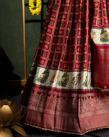 Onion Pink Bandhani Printed Crepe Silk Lehenga Set - PattuCheeralu