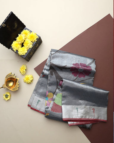 Ash Color Zari Kota Saree - PattuCheeralu