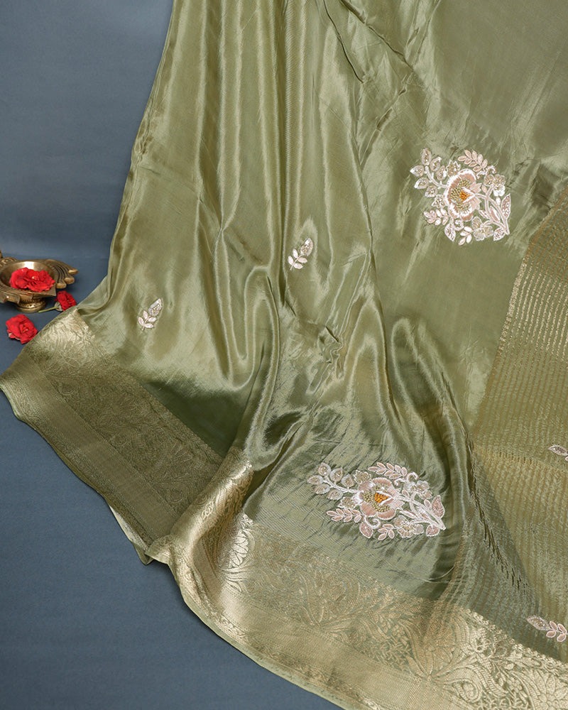 Olive green satin silk saree - PattuCheeralu