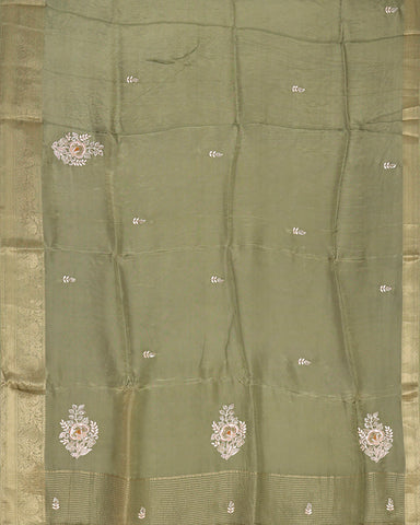 Olive green satin silk saree - PattuCheeralu