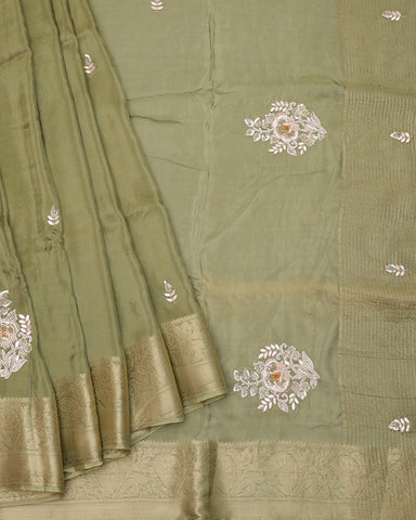 Olive green satin silk saree - PattuCheeralu