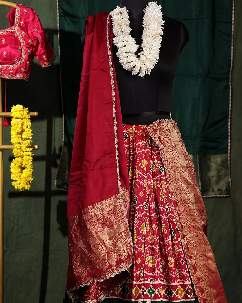 Pink Crepe Patola Printed Silk Lehenga Set - PattuCheeralu