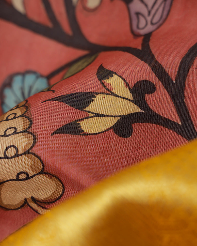 Salmon pink kachi pen kalamkari silk saree - PattuCheeralu