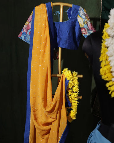 Blue Pen Kalamkari Silk Lehenga Set - PattuCheeralu