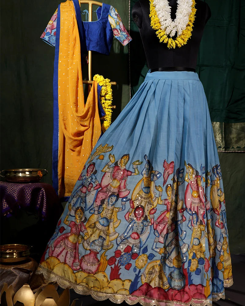 Blue Pen Kalamkari Silk Lehenga Set - PattuCheeralu