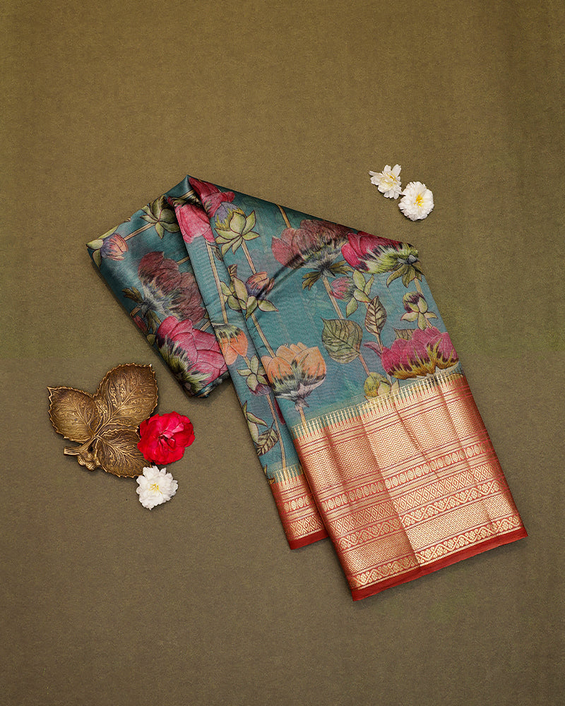Grey blue printed kanjivaram silk saree - PattuCheeralu