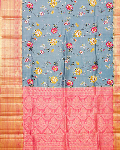 Grey blue printed kanjivaram silk saree - PattuCheeralu