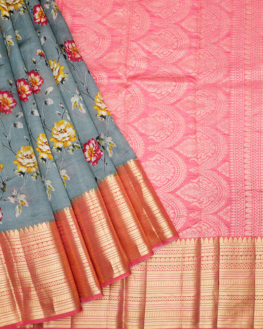 Grey blue printed kanjivaram silk saree - PattuCheeralu