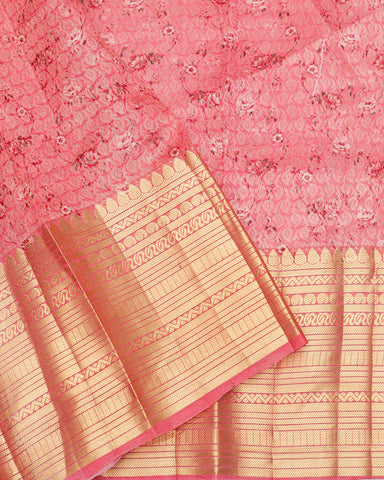 Grey blue printed kanjivaram silk saree - PattuCheeralu
