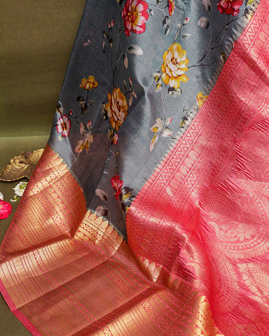 Grey blue printed kanjivaram silk saree - PattuCheeralu