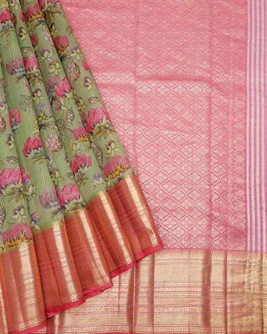 Pista green printed kanjivaram silk saree - PattuCheeralu