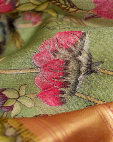 Pista green printed kanjivaram silk saree - PattuCheeralu