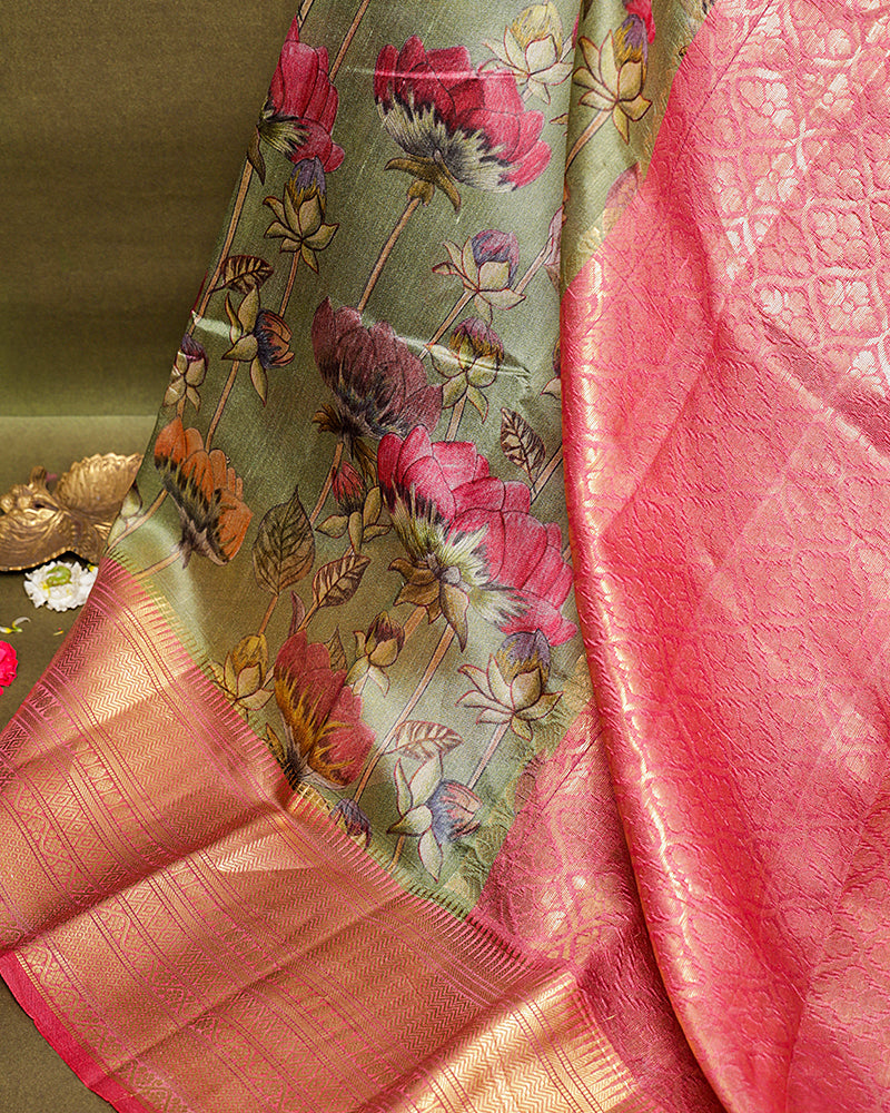Pista green printed kanjivaram silk saree - PattuCheeralu
