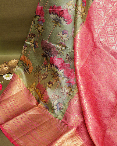 Pista green printed kanjivaram silk saree - PattuCheeralu