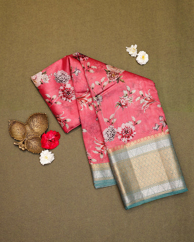 Peach pink printed kanchivaram saree - PattuCheeralu