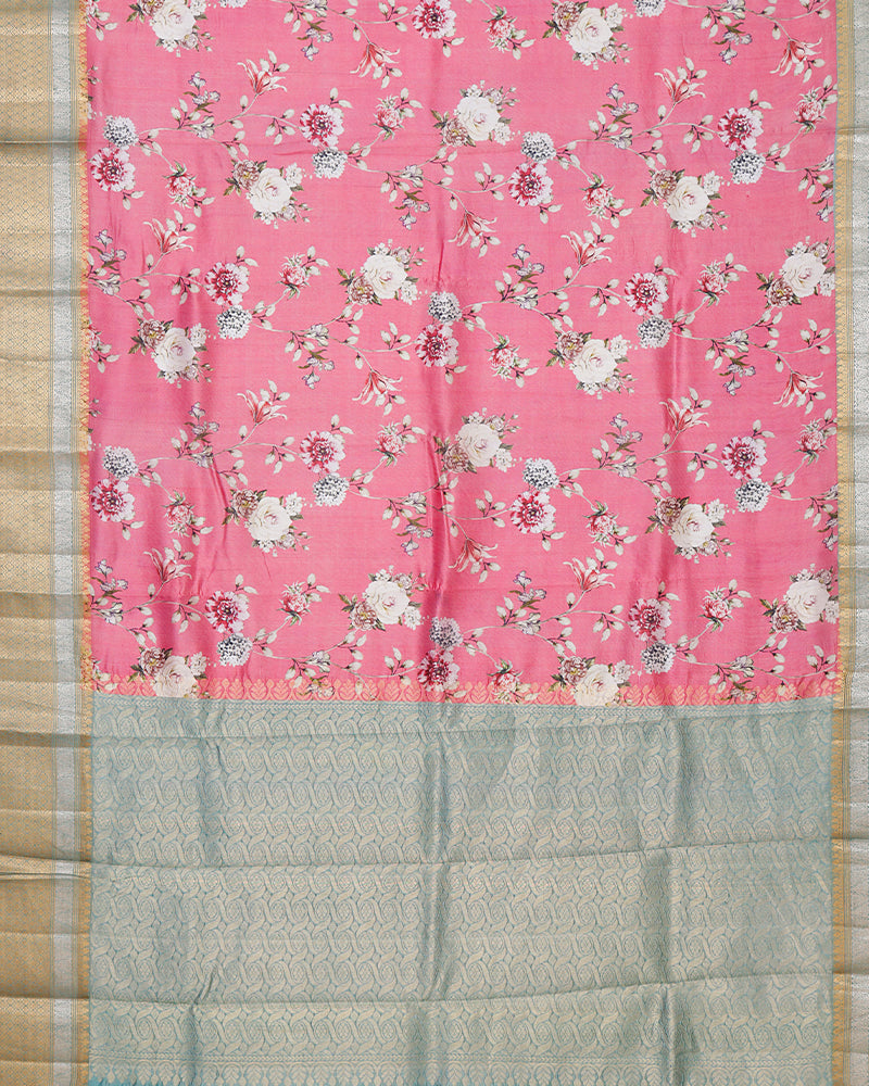Peach pink printed kanchivaram saree - PattuCheeralu