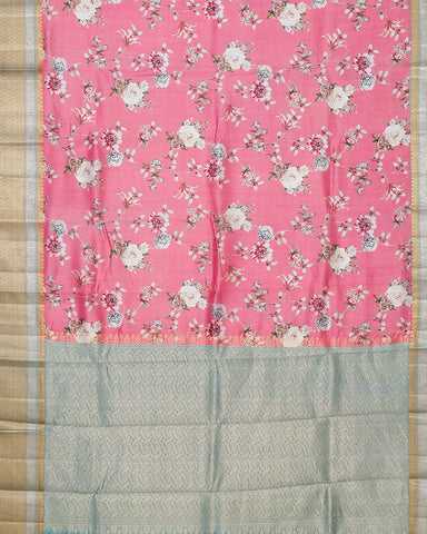 Peach pink printed kanchivaram saree - PattuCheeralu