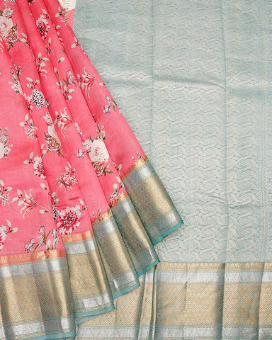Peach pink printed kanchivaram saree - PattuCheeralu