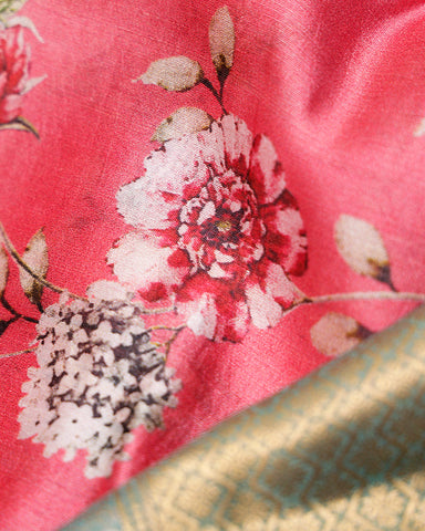 Peach pink printed kanchivaram saree - PattuCheeralu